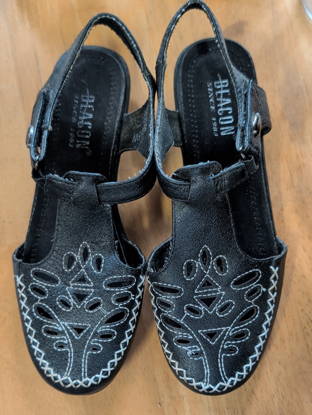 Beacon Black Leather Cutout Slingback Sandals with Contrast Stitching